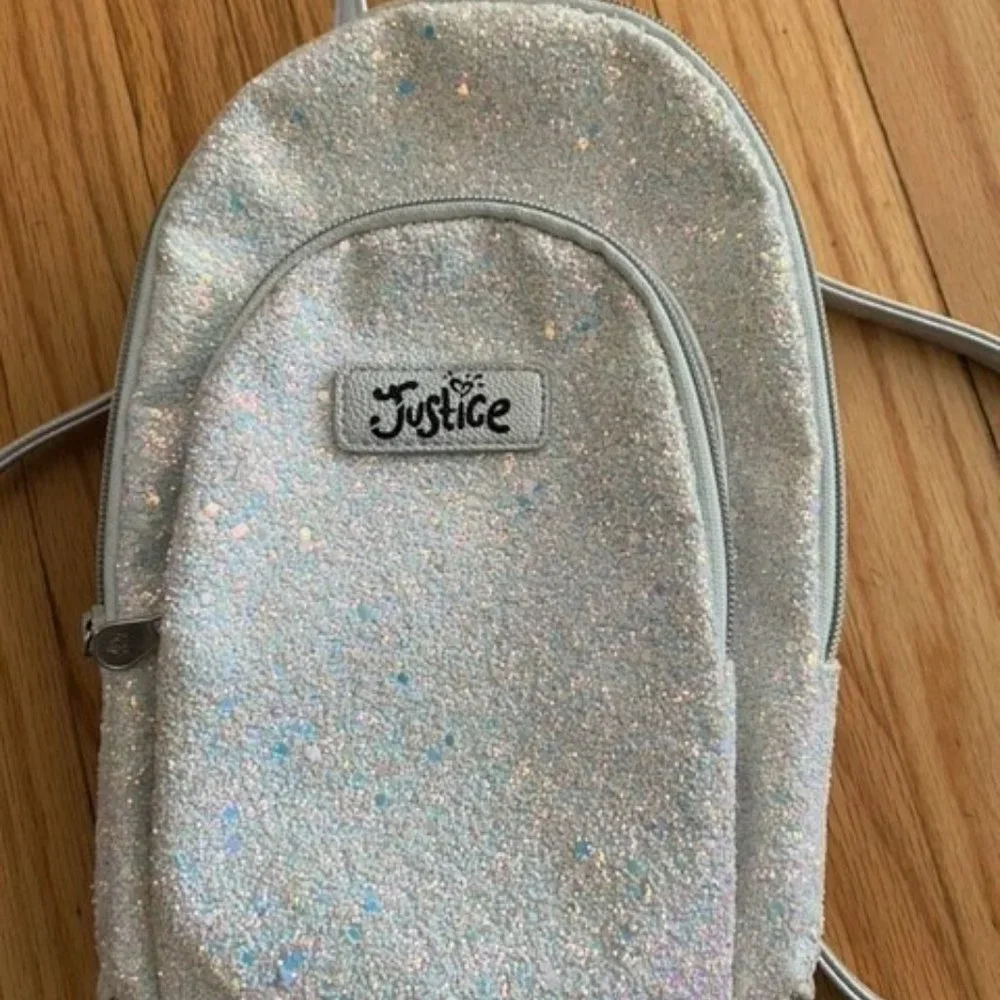 JUSTICE girls white sparkly backpack